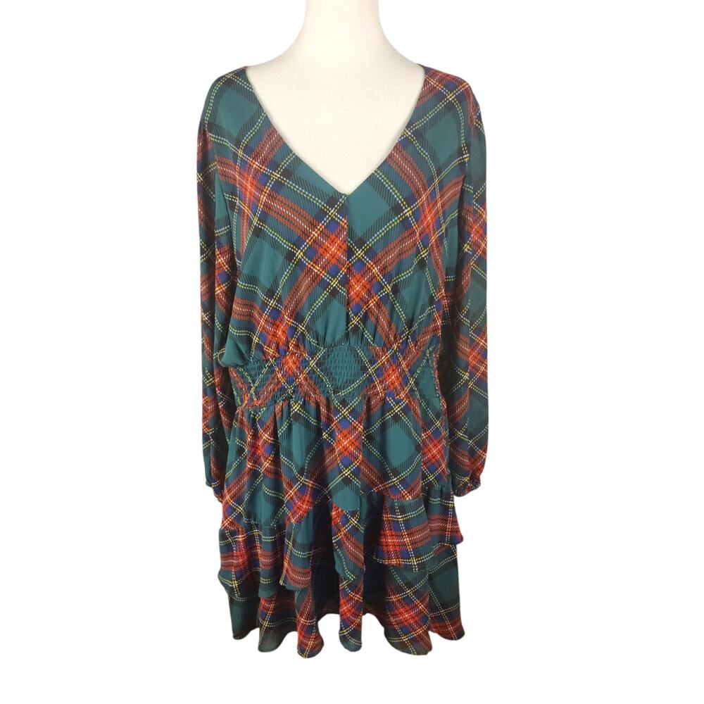 Cato Green Red Plaid Holiday Dress Smocked Waist Size XL